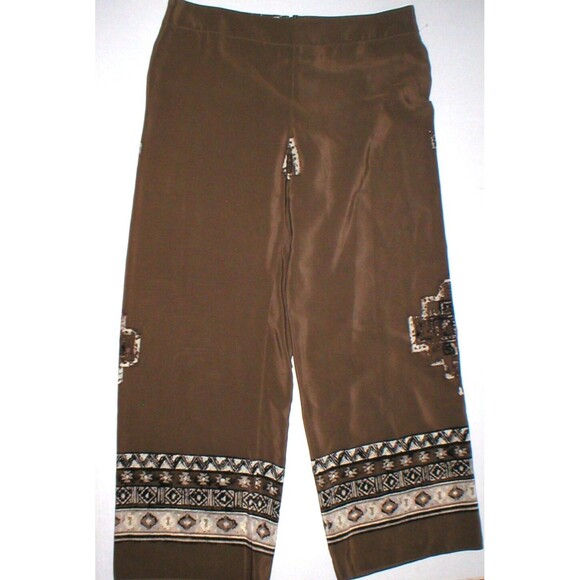 Womens Worth New York $498 4 USA Print Silk Pants Brown White Wide Ethnic Border - Picture 3 of 9